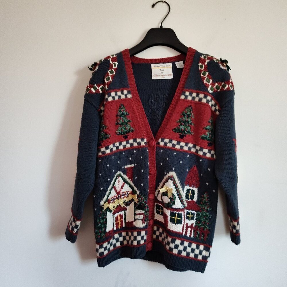 Ladies Petite SZ PP Vintage Marisa Christina Tree/House Christmas Sweater